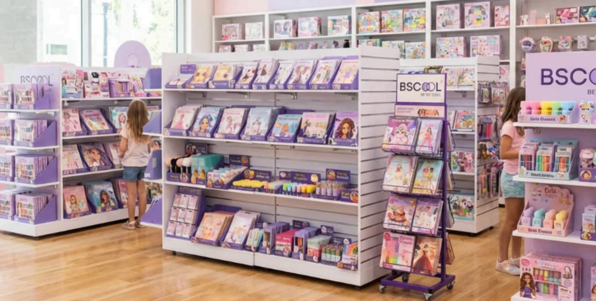 A full BSCOOL shop-in-shop section with wall bays, a spinner and side displays