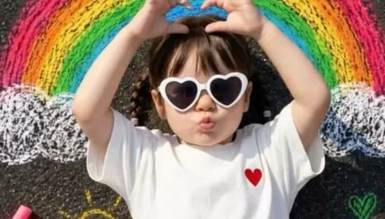 Girl making heart hands over a chalk rainbow